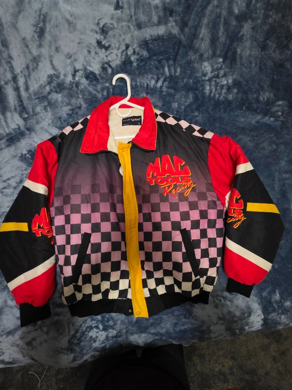 Swingster Men's L Mac Tools Racing Zip Up Jacket Multi Color Checker Flag